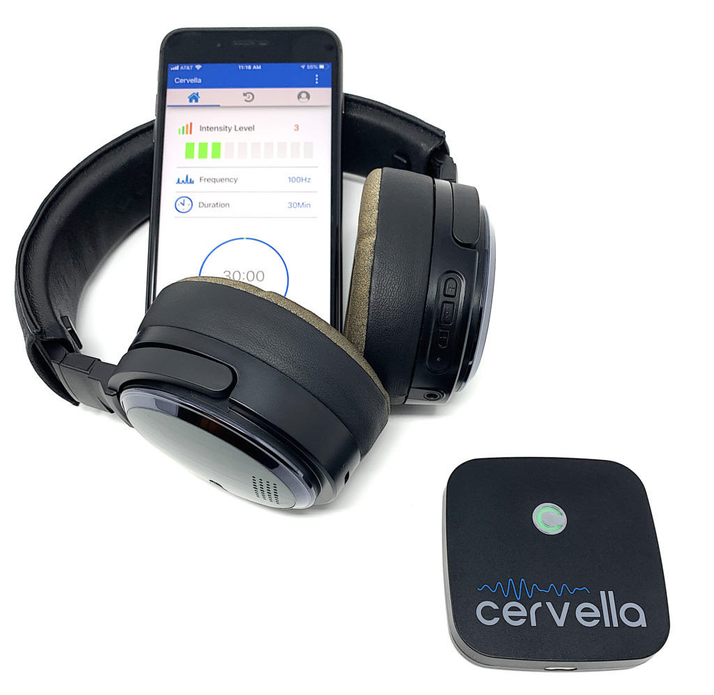 Cervella Cranial Electrotherapy Stimulator headset and controller with mobile app