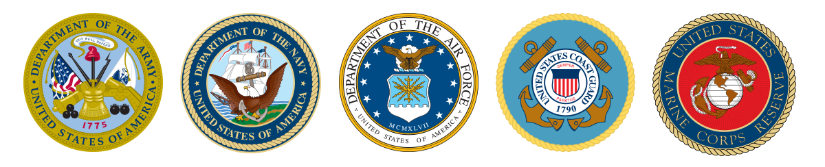 Official seals of the U.S. Army, Navy, Air Force, Coast Guard and Marine Corps